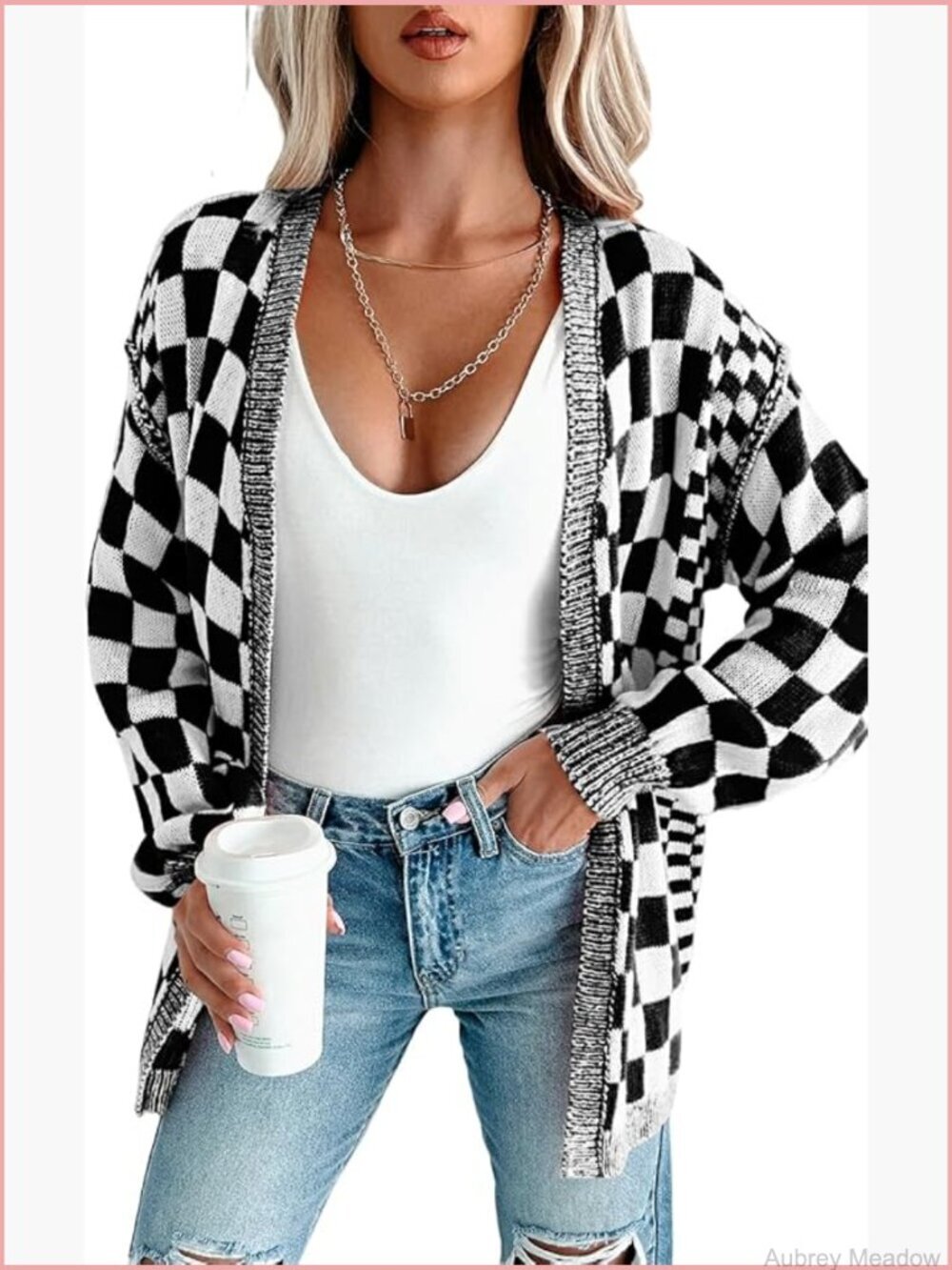 Womens Casual Fall Cardigan Sweater Open Front Chunky Knit Checkered Outwear - Picture 1 of 3